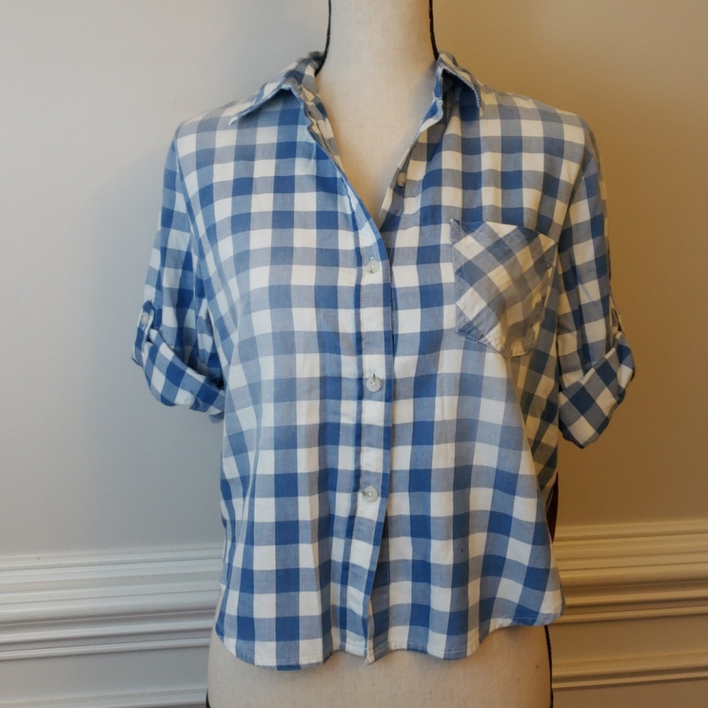 Blue Check Crop Button Up - Picture 2 of 5